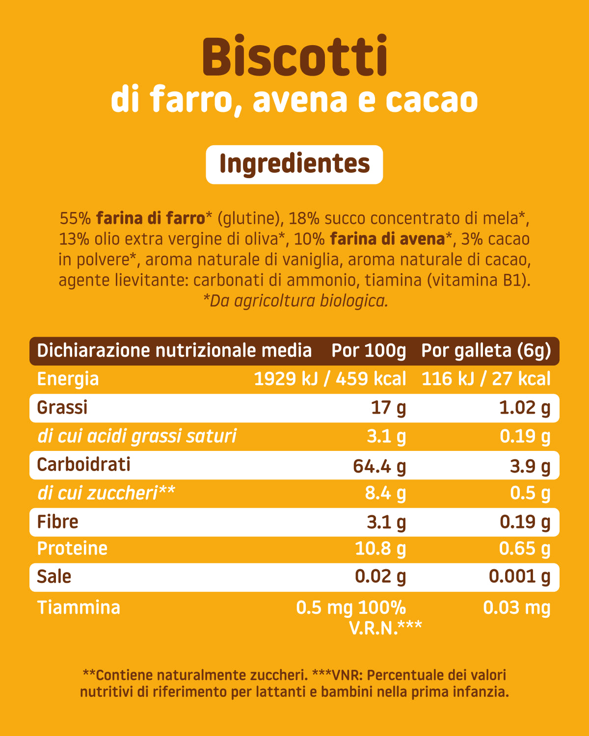 Biscotti biologici di farro, avena e cacao