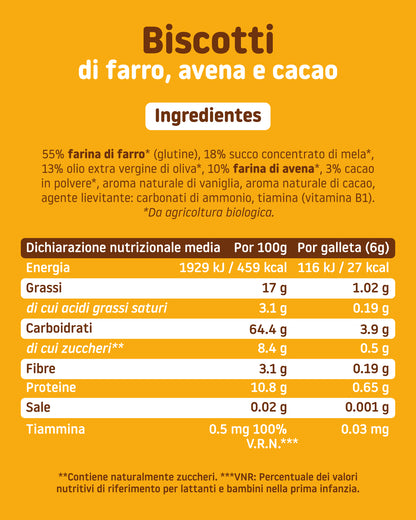Biscotti biologici di farro, avena e cacao